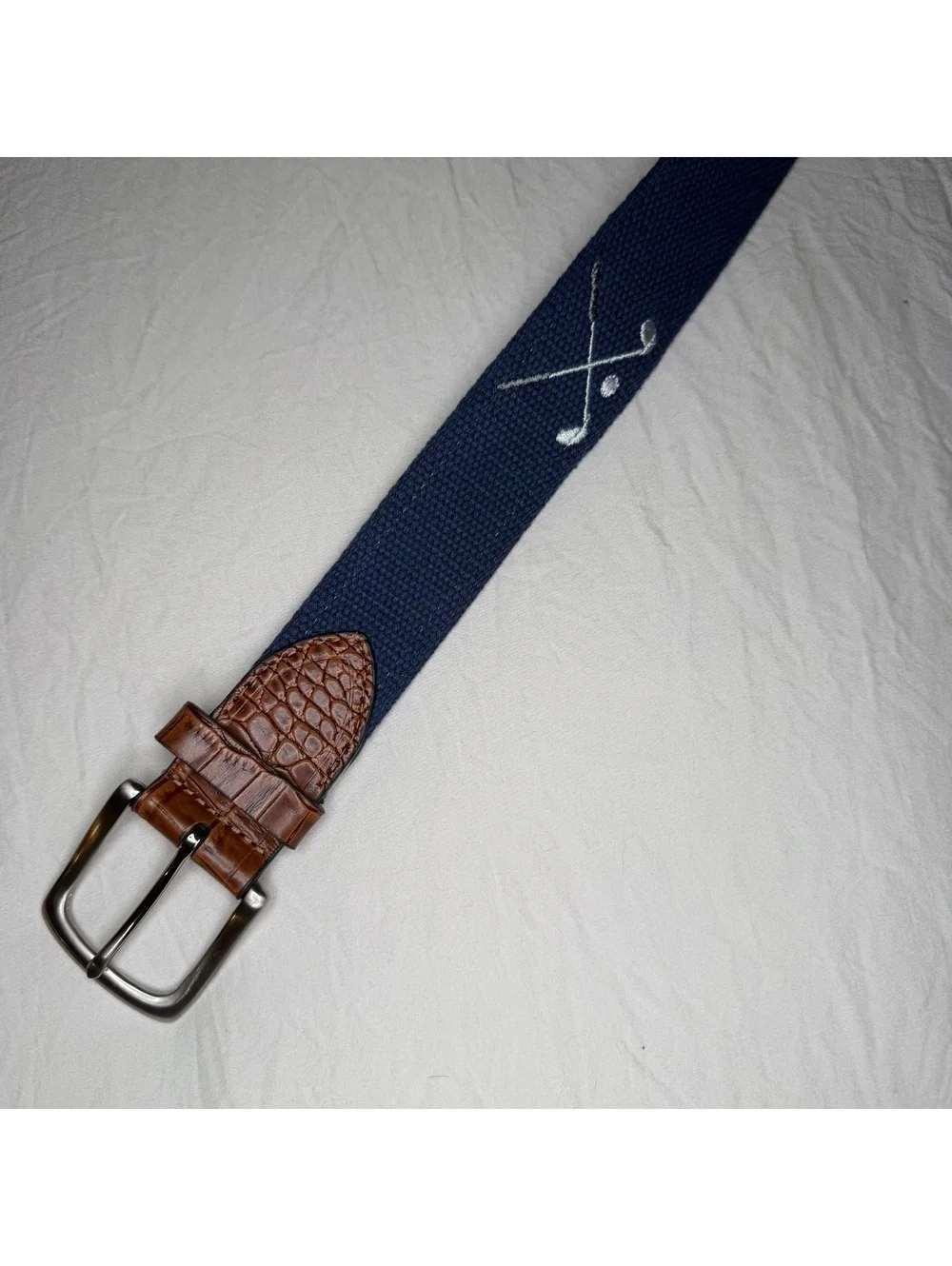 Greg Norman Mens 38 Crossed Golf Clubs Webbed Croc Embossed Leather Belt Navy